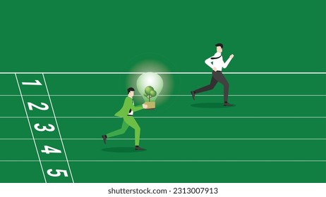 A lead businessman runs and holds a tree light bulb on a racetrack, attention from employee. ESG competition idea, Environmental policy, Green business, Sustainable, world and natural concern concept.