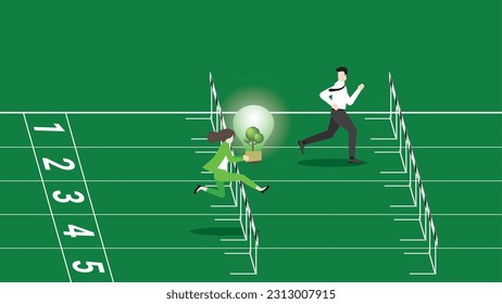 A lead businesswoman holds a tree light bulb, runs and jumps over obstacles on racetrack, attention from employee. ESG competition idea, Environmental policy, Sustainable, and natural concern concept.