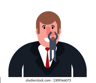 Lead by nose. Man hangs on his nose 