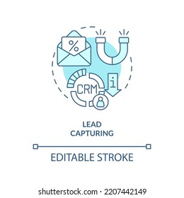 Lead Capture Turquoise Concept Icon. Data Collection. Contacts Management Process Abstract Idea Thin Line Illustration. Isolated Outline Drawing. Editable Stroke. Arial, Myriad Pro-Bold Fonts Used