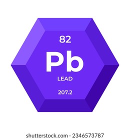 Lead is chemical element number 82 of the Post Transition Metal group. Icon of chemical element of periodic table in 3d hexagon. Chemistry for children, elementary education.