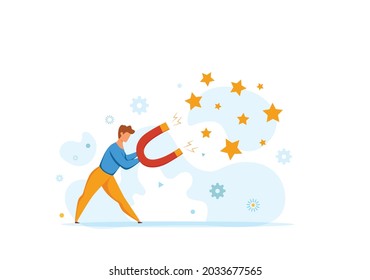 Lead concept with businessmen holding huge magnet attracting customers, Vector illustration of client managment, target advertising, marketing or customer retention strategy and inbound marketing tech