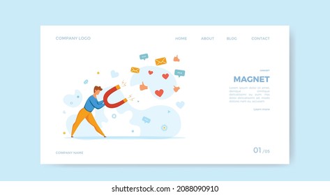 Lead concept with businessmen holding huge magnet attracting customers, Vector illustration of client managment, target advertising, marketing or customer retention strategy and inbound marketing tech