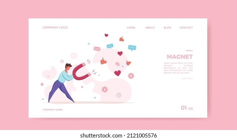 Lead concept with businessmen holding huge magnet attracting customers, Vector illustration of client managment, target advertising, marketing or customer retention strategy and inbound marketing tech