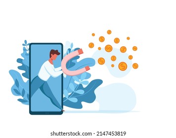 Lead concept with businessmen holding huge magnet attracting customers, Vector illustration of client management, target advertising, marketing or customer retention strategy and inbound marketing tech