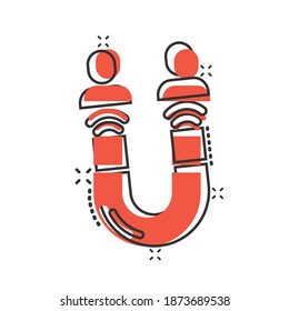 Lead conversion icon in comic style. Attract cartoon vector illustration on white isolated background. Magnet splash effect business concept.