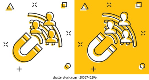 Lead conversion icon in comic style. Attract cartoon vector illustration on white isolated background. Magnet splash effect business concept.