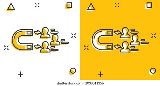 Lead conversion icon in comic style. Attract cartoon vector illustration on white isolated background. Magnet splash effect business concept.