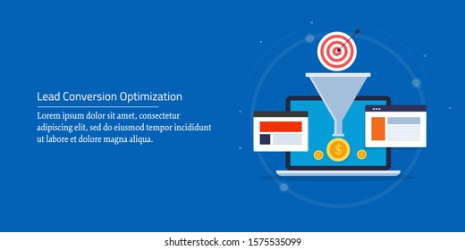 Lead conversion optimization, Business leads, Conversion funnel - flat design vector banner with icons and texts