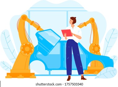 Lead engineer car factory industry woman character, female mechanic occupation professional design vehicle isolated on white, cartoon vector illustration. Person hold device remote control robot hand.