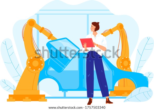 Lead engineer car factory industry woman character,\
female mechanic occupation professional design vehicle isolated on\
white, cartoon vector illustration. Person hold device remote\
control robot hand.