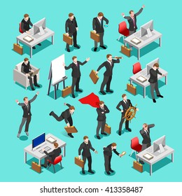 Lead Executive Businessman isolated business character group. Meeting finance management infographic sitting secretary desk man. Isometric People businesspeople. Leadership Vector Superhero manager