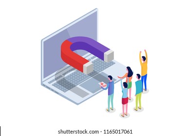 Lead Generate, Inbound Marketing Magnet, Sales Funnel Isometric Concept. Vector Illustration