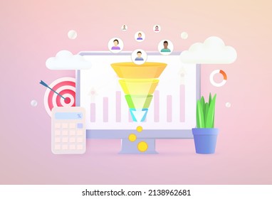 Lead Generation 3d vector concept. Increasing conversion rates optimization marketing strategy for generating new leads, income with inbound marketing technology with qualified lead sales blitz funnel
