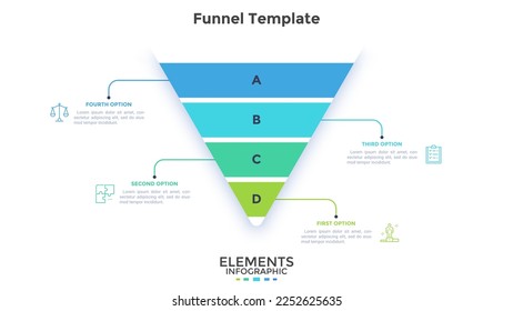 Lead Generation oder Business Trichter mit 3 Stufen Infografik Design Vorlage. Unternehmensstrategie des Wachstums. Verbesserungsmöglichkeiten für kommerzielle Projekte. Dreieckskarte mit Symbolen. Visuelle Datendarstellung