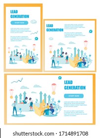 Lead Generation. Capturing and Stimulating Interest in Product or Service. Busy Marketing Team Developing Sales Through Popular Social Media Networks and Picking Target Audience. Three Landing Pages.