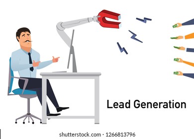 Lead generation concept with business man working in computer showing magnet generating more leads through online. 