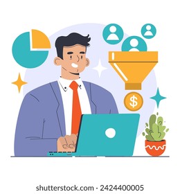 Lead Generation concept. Confident businessman using a laptop, converting potential leads into revenue. Funneling process, chart analysis, and customer acquisition. Flat vector illustration