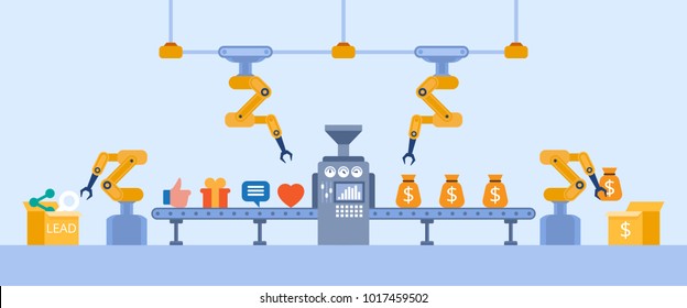 Conceito de geração de leads. Conceito de marketing. Processo de produção de leads na correia transportadora. Estilo plano vetorial.