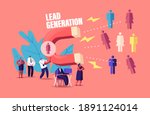 Lead Generation Concept. Tiny Businessman Character Attracting Clients with Huge Magnet Attracting New Leads and Generating Income with Inbound Marketing Technology. Cartoon People Vector Illustration