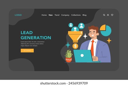 Lead Generation dark or night mode web, landing. Businessman using a laptop, converting potential leads into revenue. Chart analysis and customer acquisition. Flat vector illustration