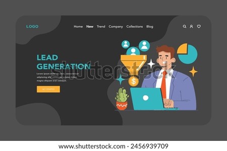 Lead Generation dark or night mode web, landing. Businessman using a laptop, converting potential leads into revenue. Chart analysis and customer acquisition. Flat vector illustration
