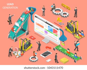 Lead generation flat isometric vector concept. People are loading digital marketing attributes into a funnel from one side and getting a new leads from other side.