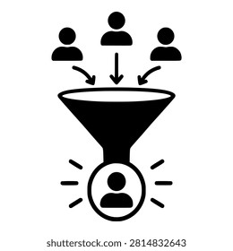 Lead generation funnel filtering people into a qualified lead, black glyph icon for sales and marketing prospecting