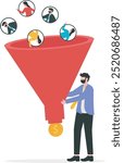 Lead generation gaining customers to convert to sales, marketing funnel conversion rate, advertising analysis concept, hand holding marketing funnel to pull potential customer and convert to sales.

