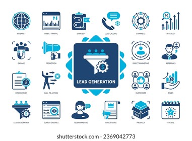 Lead Generation icon set. Call to Action, Cold Calls, Channels, Direct Traffic, Internet, Events, Interest, Referrals. Duotone color solid icons