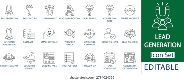 lead generation icon set: professional sales funnel and conversion rate, customer acquisition marketing campaign, landing page crm integration, and qualified prospect tracking line icons