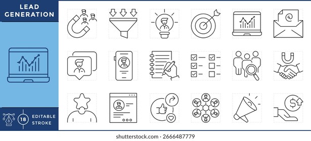 Lead Generation icons set. Attracting leads, sales funnel, new prospect, potential leads, email marketing, customer inquiry, call leads, sign-up form, and many more. Vector editable stroke.