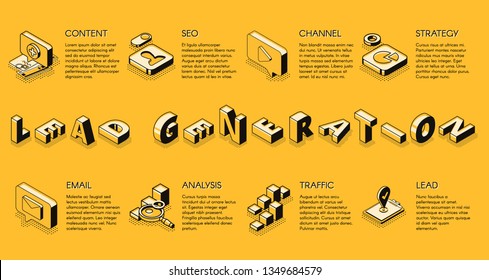 Lead generation internet business marketing strategy isometric projection vector banner, poster, presentation infographics slide with business icons set illustration. E-commerce digital technologies