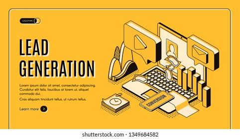 Lead generation Internet marketing strategy isometric projection vector web banner, landing page template. E-commerce sales performance research, online business conversion infographics illustration