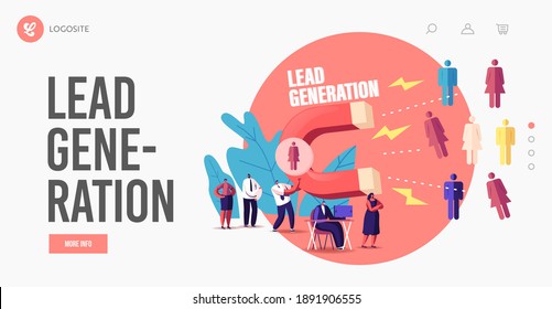 Lead Generation Landing Page Template. Tiny Businessman Character Attracting Clients with Huge Magnet Attract and Generate Income with Inbound Marketing Technology. Cartoon People Vector Illustration