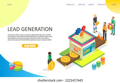 Lead generation landing page website template. Vector isometric illustration. Lead management, purchase funnel, conversion concept.