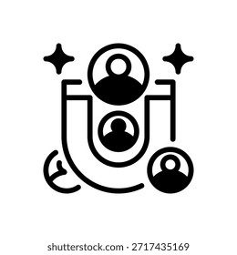 Icono de línea de generación de clientes potenciales, símbolo de esquema para prospección de ventas, adquisición de clientes, creación de bases de datos, embudo de marketing y crecimiento empresarial. Icono de signo de Vector.