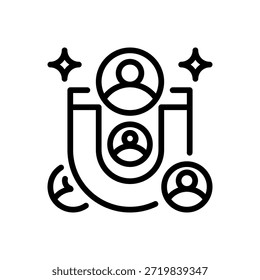 Icono de línea de generación de clientes potenciales, símbolo de esquema para prospección de ventas, adquisición de clientes, creación de bases de datos, embudo de marketing y crecimiento empresarial. Icono de signo de Vector.