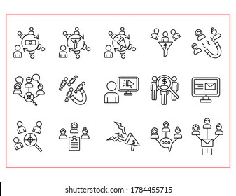 lead generation line icons set,customer acquisition, customer search, sales funnel,income,people