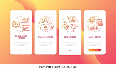 Lead generation metrics onboarding mobile app page screen with concepts. Online sales analysis walkthrough 4 steps graphic instructions. UI vector template with RGB color illustrations
