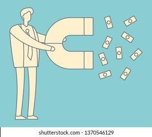 Lead generation outline concept. Magnet in hand attracts money. Sales and leads, marketing vector vintage illustration. Magnet attract money, marketing development vector retro concept