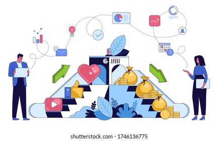 Lead generation Process of leads production on the conveyor belt Digital marketing online advertising SMM chatting texting viral content internet meme creation mass shared content Vector illustration