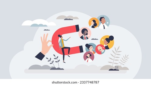 Lead generation with promotion or advertisement for sales tiny person concept. Business development with new customers, clients or consumers attraction vector illustration. Company audience magnet.