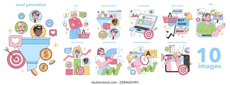 Lead generation set. Digital marketers optimize online strategies. Funnel conversion, landing pages, nurturing, and CRM tools. Interaction with clients. Flat vector illustration