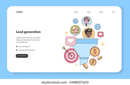 Lead generation set. Digital marketers optimize online strategies. Funnel conversion, landing pages, nurturing, and CRM tools. Interaction with clients. Flat vector illustration