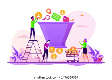 Lead generation, targeted marketing campaign strategy. Sales funnel management, customer journey representation, sales funnel stages concept. Vector isolated concept creative illustration