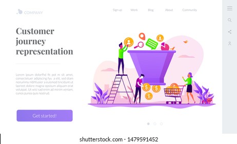 Lead generation, targeted marketing campaign strategy. Sales funnel management, customer journey representation, sales funnel stages concept. Website homepage header landing web page template.