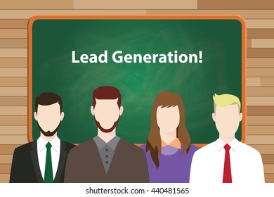 lead generation text with green board and people aligning on front of the board as new generation vector graphic illustration
