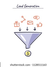 Lead generation vector concept. Process of leads production in sales funnel. Online marketing hand drawn illustration.