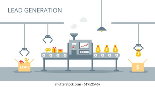 Conceito de vetor de geração de leads. Processo de produção de leads na correia transportadora. Conceito de marketing em estilo simples.